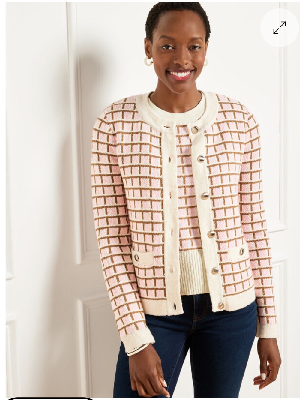 Talbots Pink and Cream Grid Button-Front Cardigan Size 3X